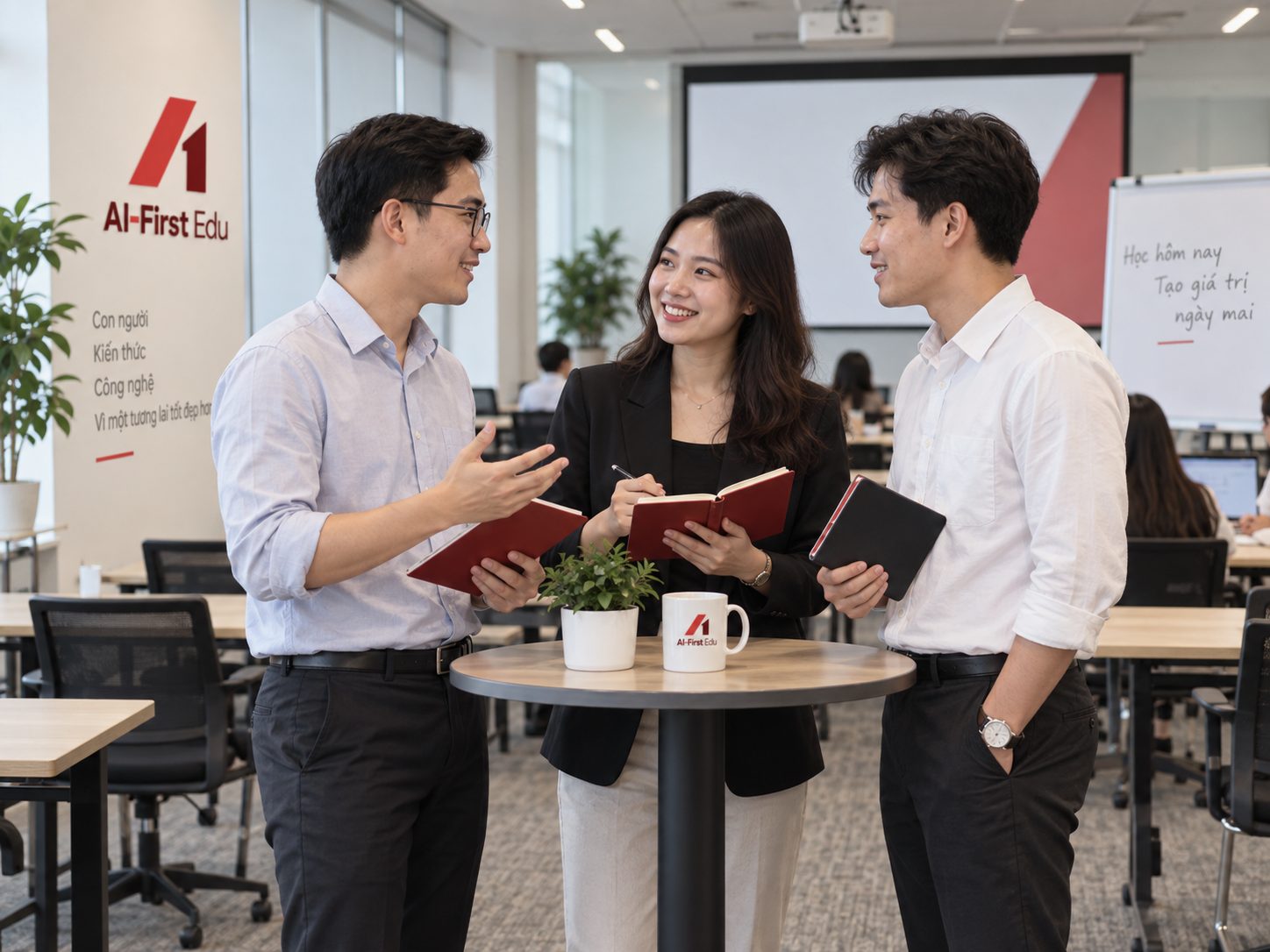 Ba đồng nghiệp đứng trao đổi và ghi chép trong khu vực làm việc chung