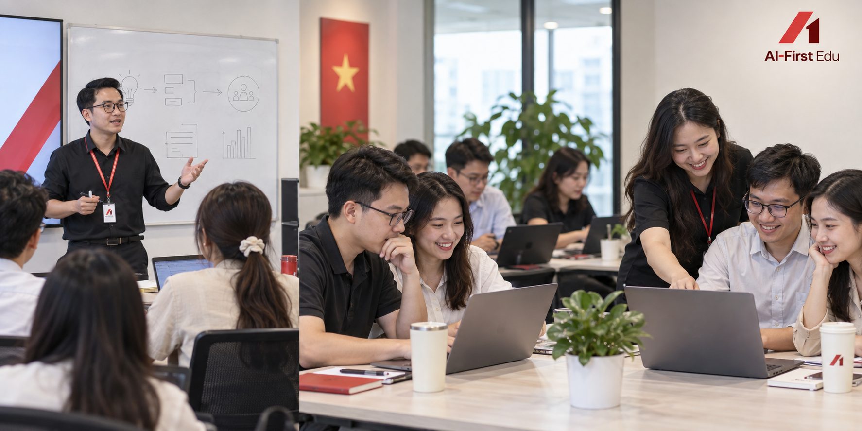 Buổi học thực hành với giảng viên hướng dẫn và học viên làm việc theo nhóm