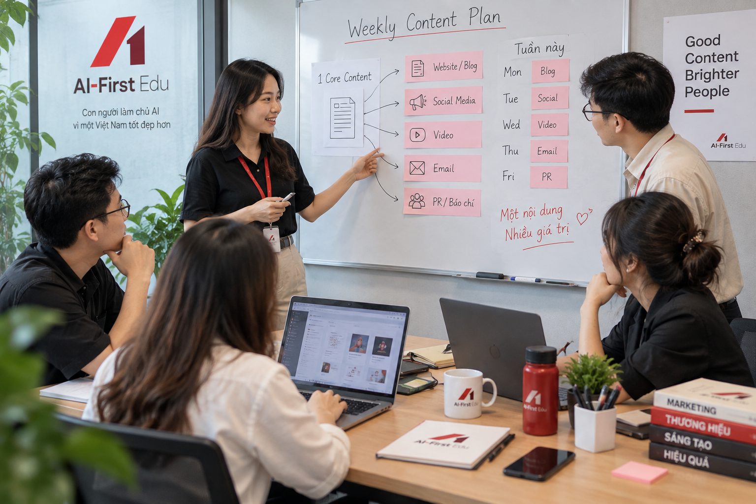 Nhóm tiếp thị trình bày kế hoạch nội dung hằng tuần trên bảng trắng