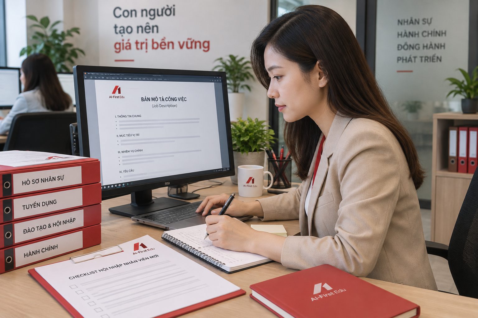 Nhân sự soạn bản mô tả công việc trên máy tính, cạnh các cặp hồ sơ tuyển dụng