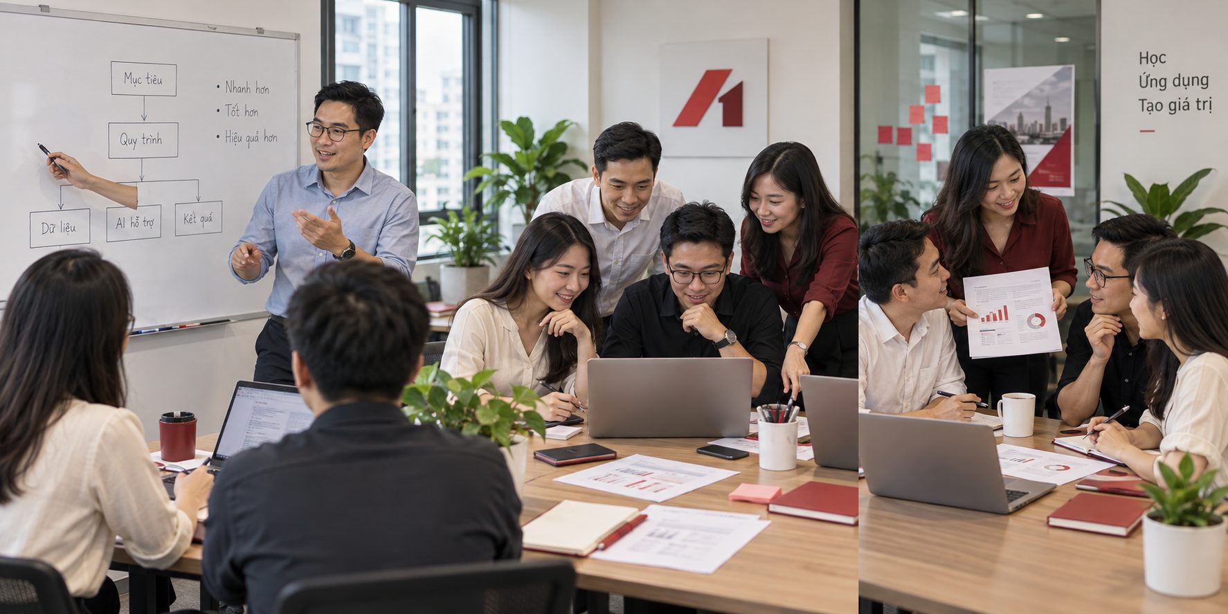 Giảng viên hướng dẫn lớp học dựng sơ đồ một quy trình có người kiểm tra