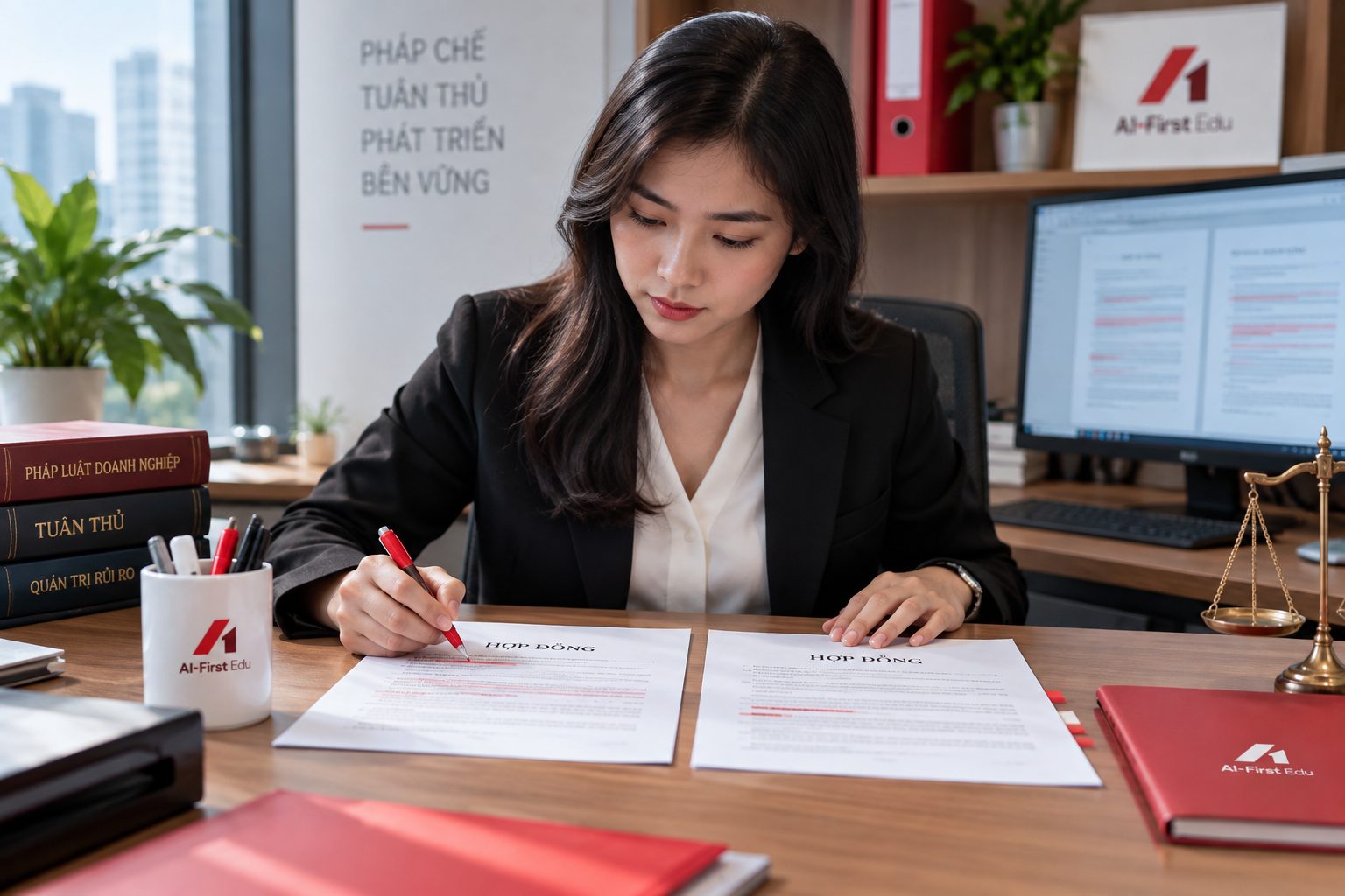 Cán bộ pháp chế rà soát hợp đồng in trên bàn làm việc có sách luật