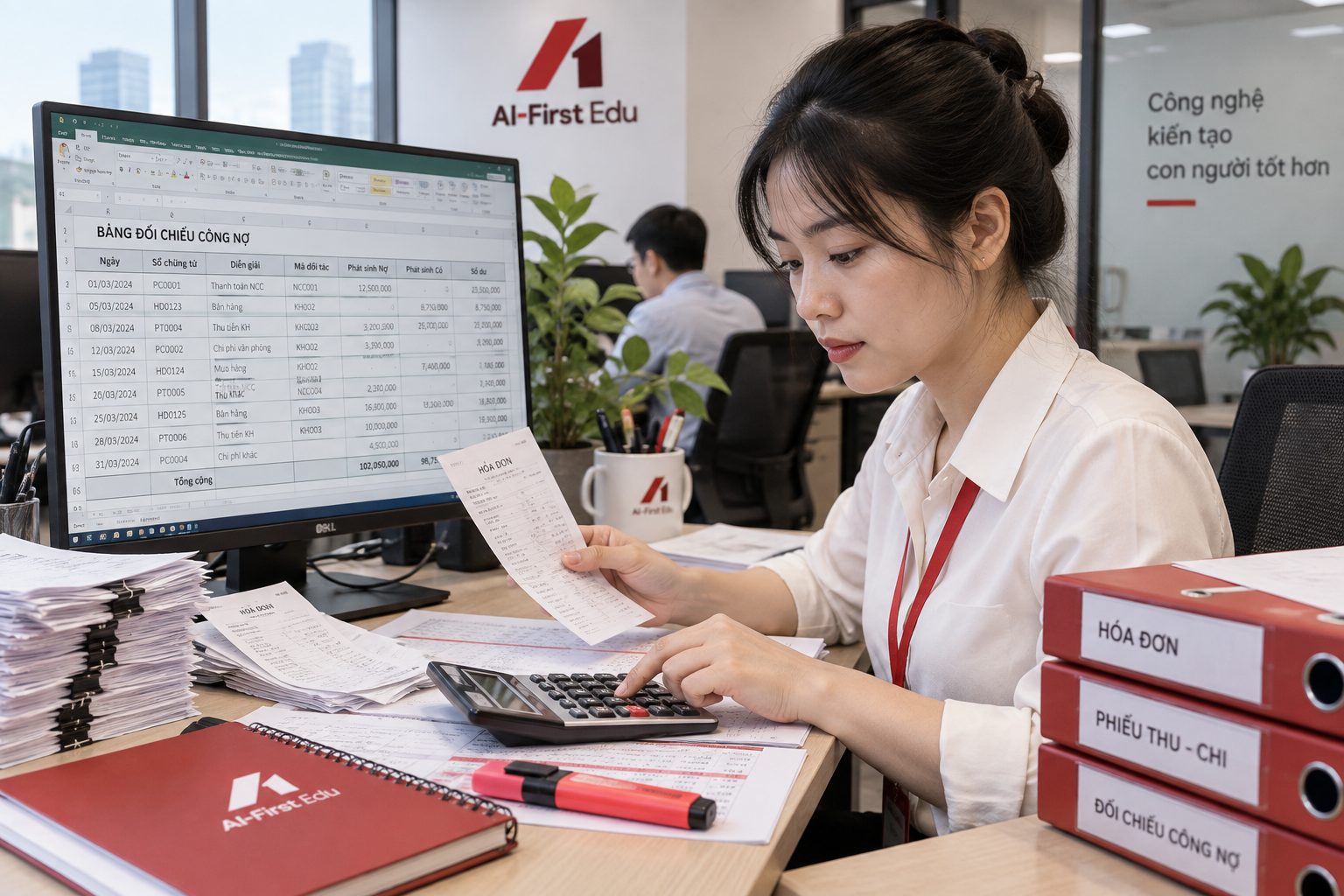 Kế toán đối chiếu bảng công nợ trên màn hình với chứng từ in