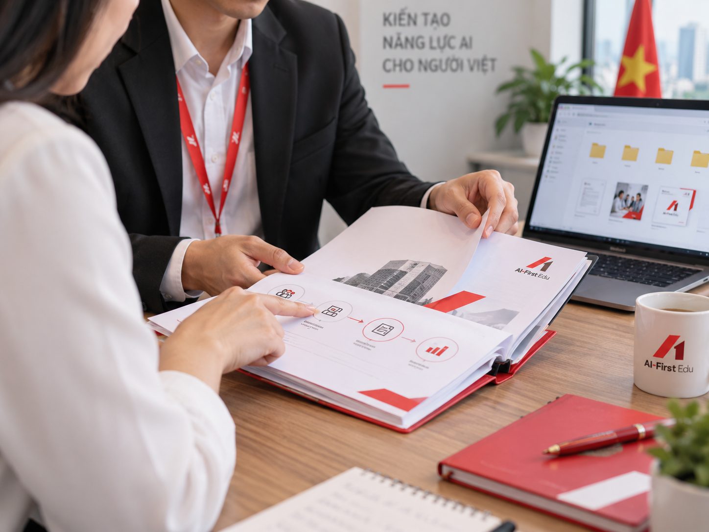 Cận cảnh buổi bàn giao tài liệu quy trình và bộ mẫu giữa hai người