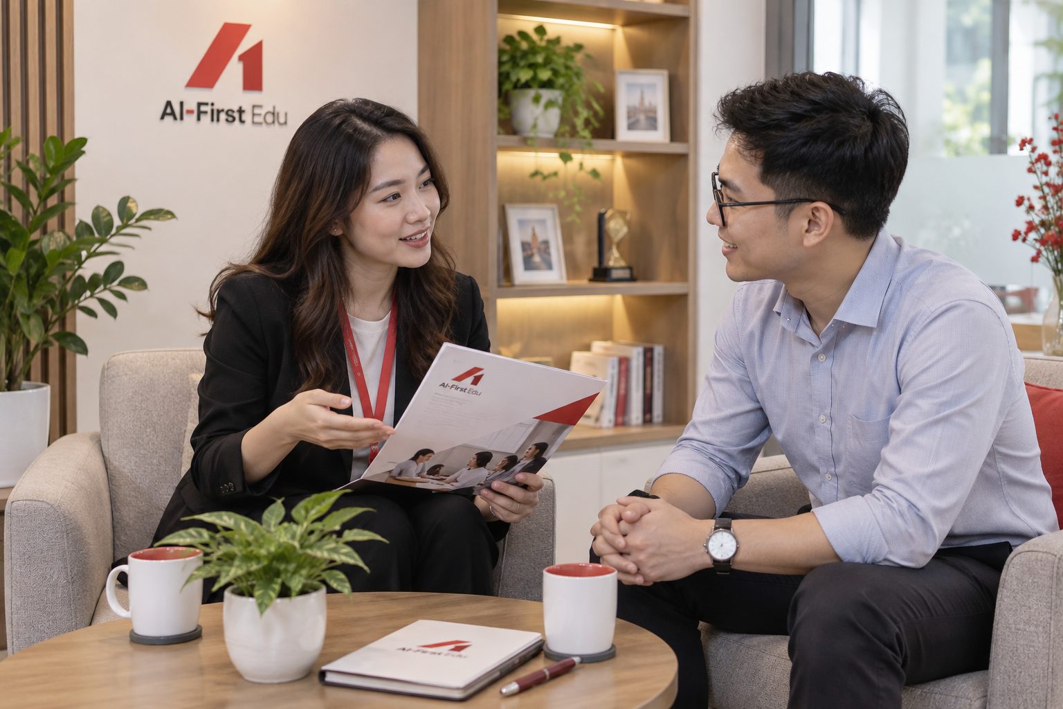 Hai người trao đổi nhu cầu đào tạo trong buổi gặp trước khi nhận báo giá