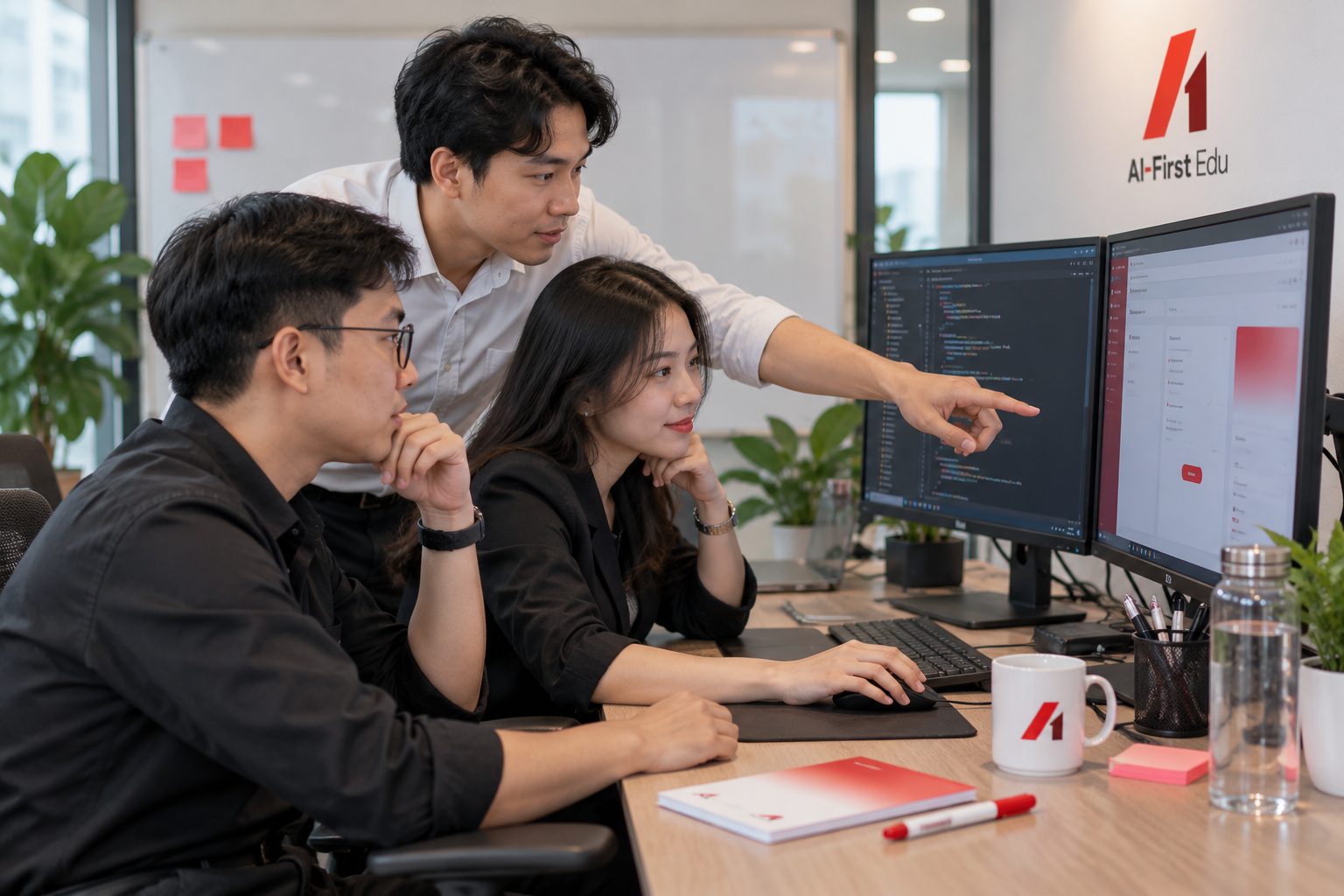Hai người ngồi cạnh nhau dựng công cụ trên màn hình đôi