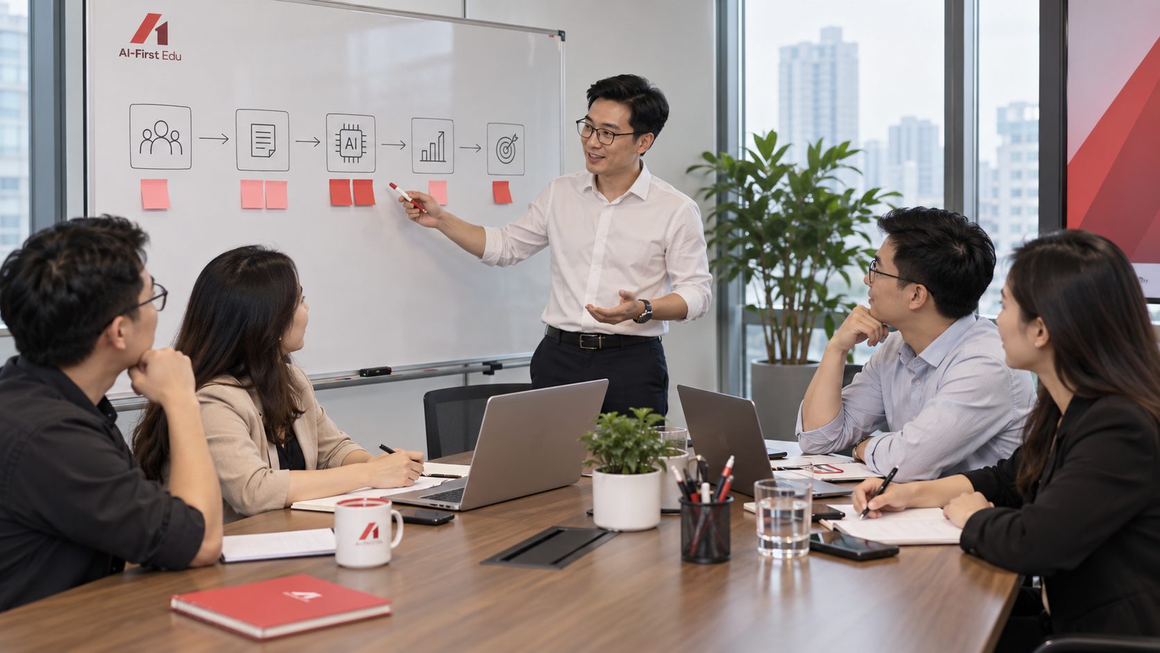 Giảng viên giải thích sơ đồ luồng công việc trên bảng trắng cho nhóm quản lý