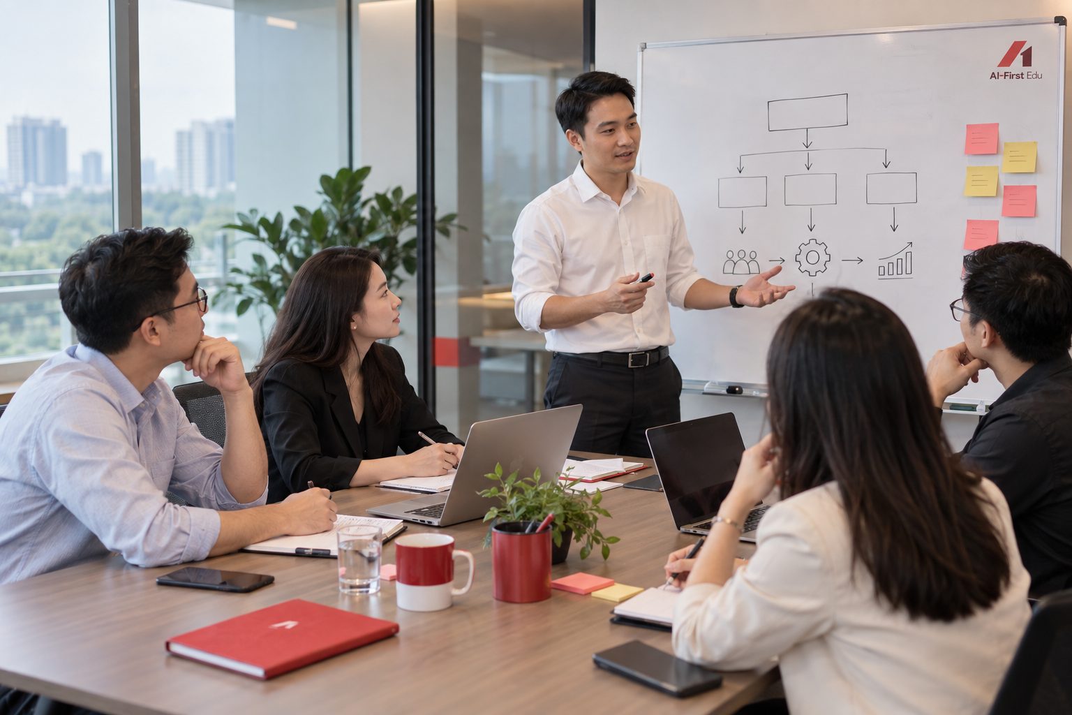 Giảng viên đứng bên bảng sơ đồ, lớp học ngồi nghe và ghi chép