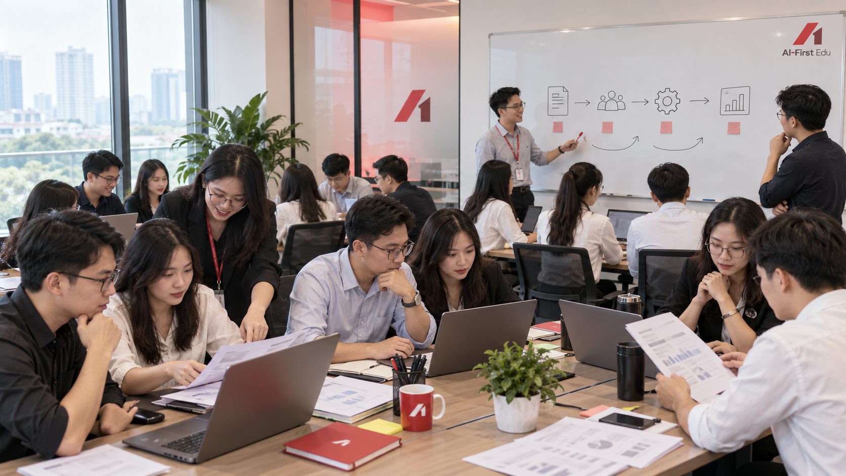 Lớp đông học viên theo dõi giảng viên trình bày sơ đồ quy trình
