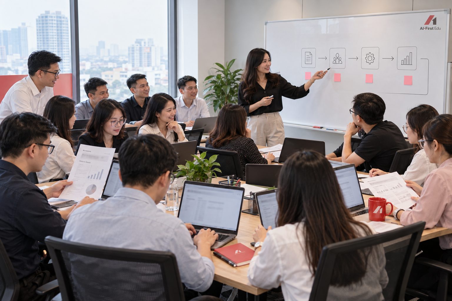 Giảng viên nữ hướng dẫn lớp học đông người bên bảng sơ đồ các bước