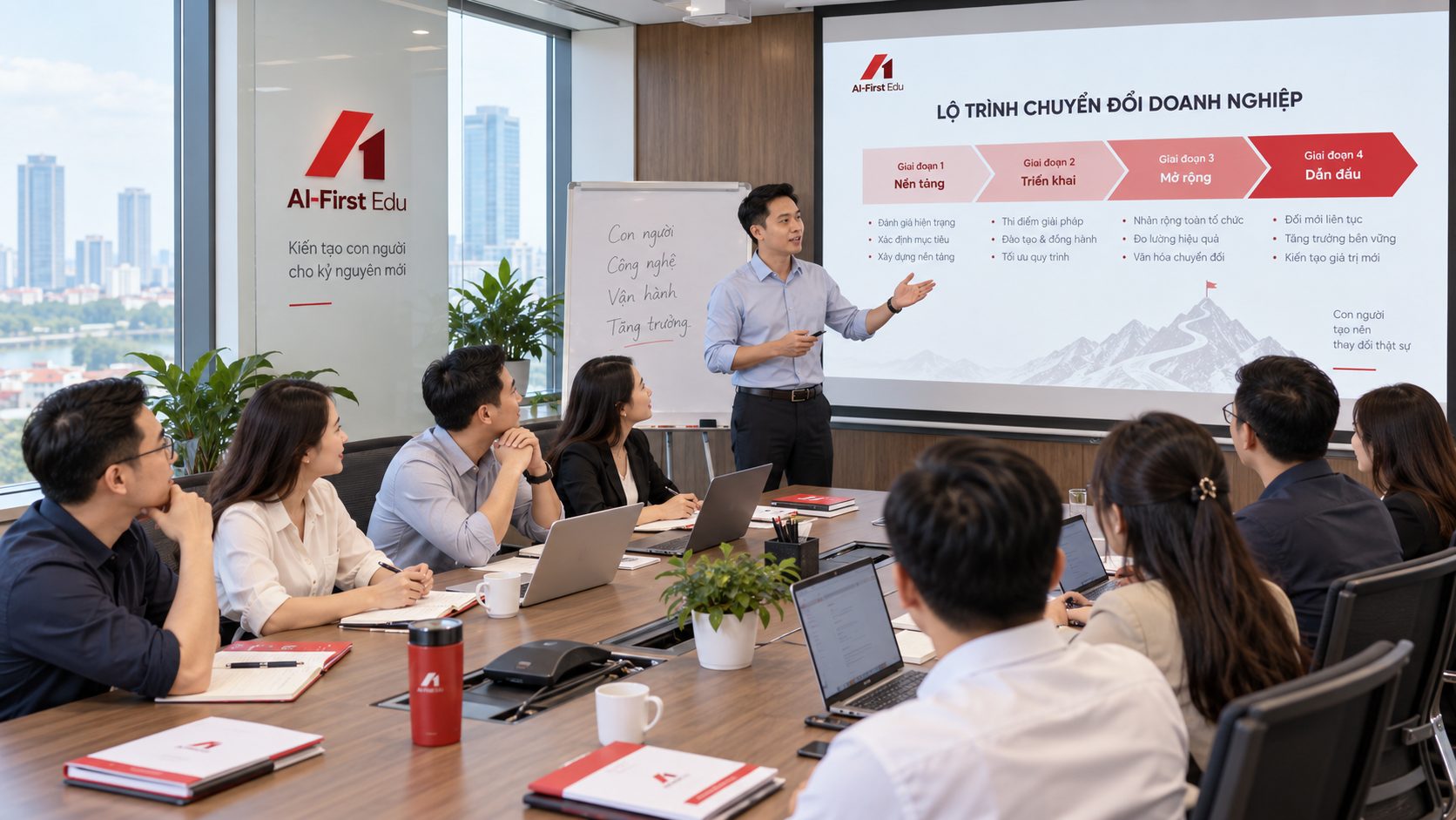 Buổi trình bày lộ trình chuyển đổi doanh nghiệp trên màn hình lớn
