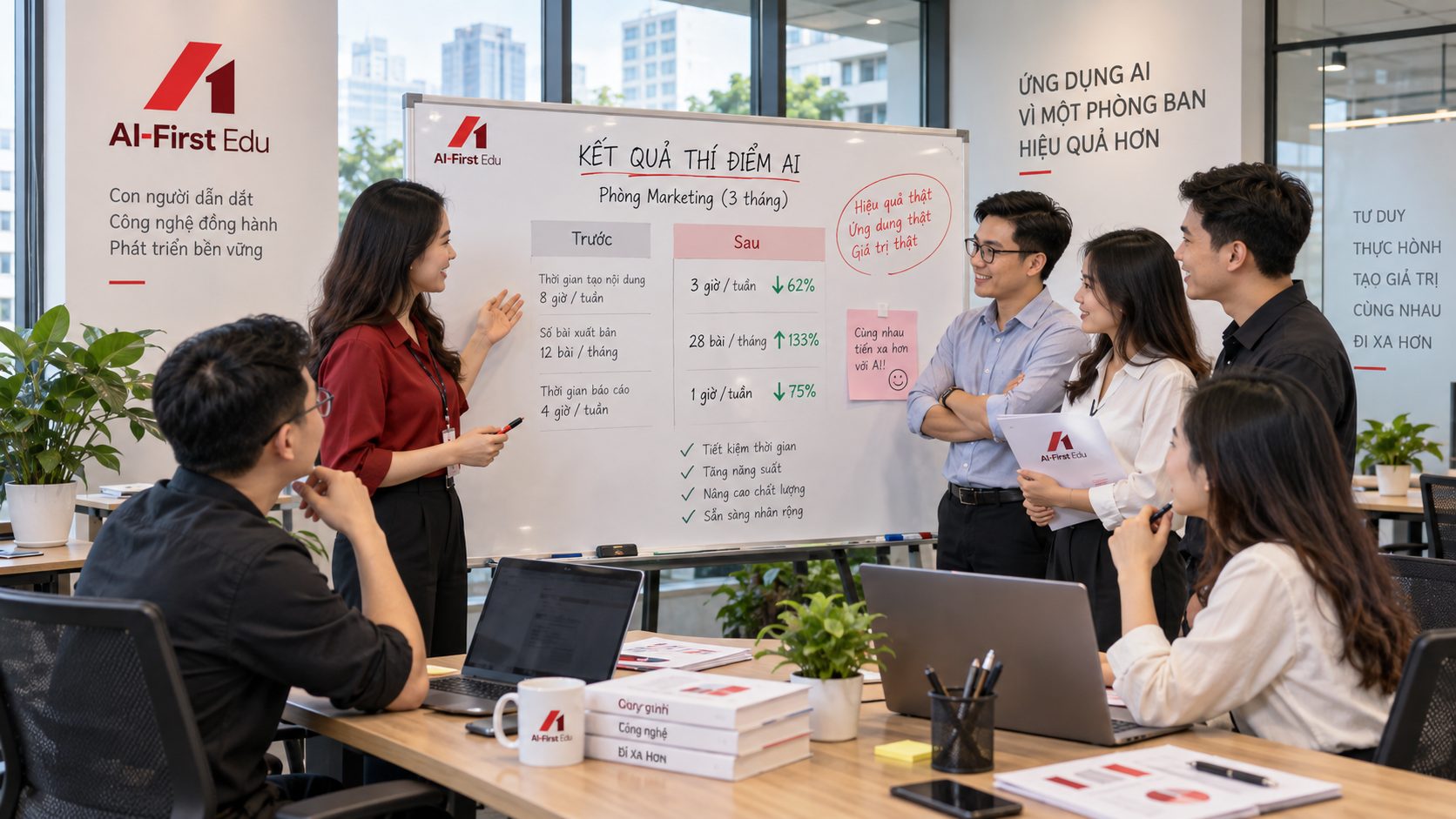 Nhóm phòng ban rà soát bảng kết quả thí điểm dán trên bảng giấy