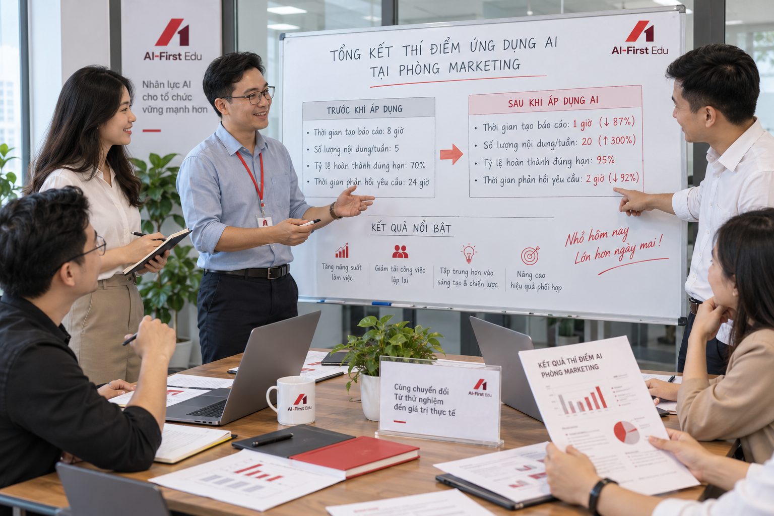 Buổi tổng kết thí điểm ứng dụng AI tại một phòng ban, có bảng so sánh trước và sau