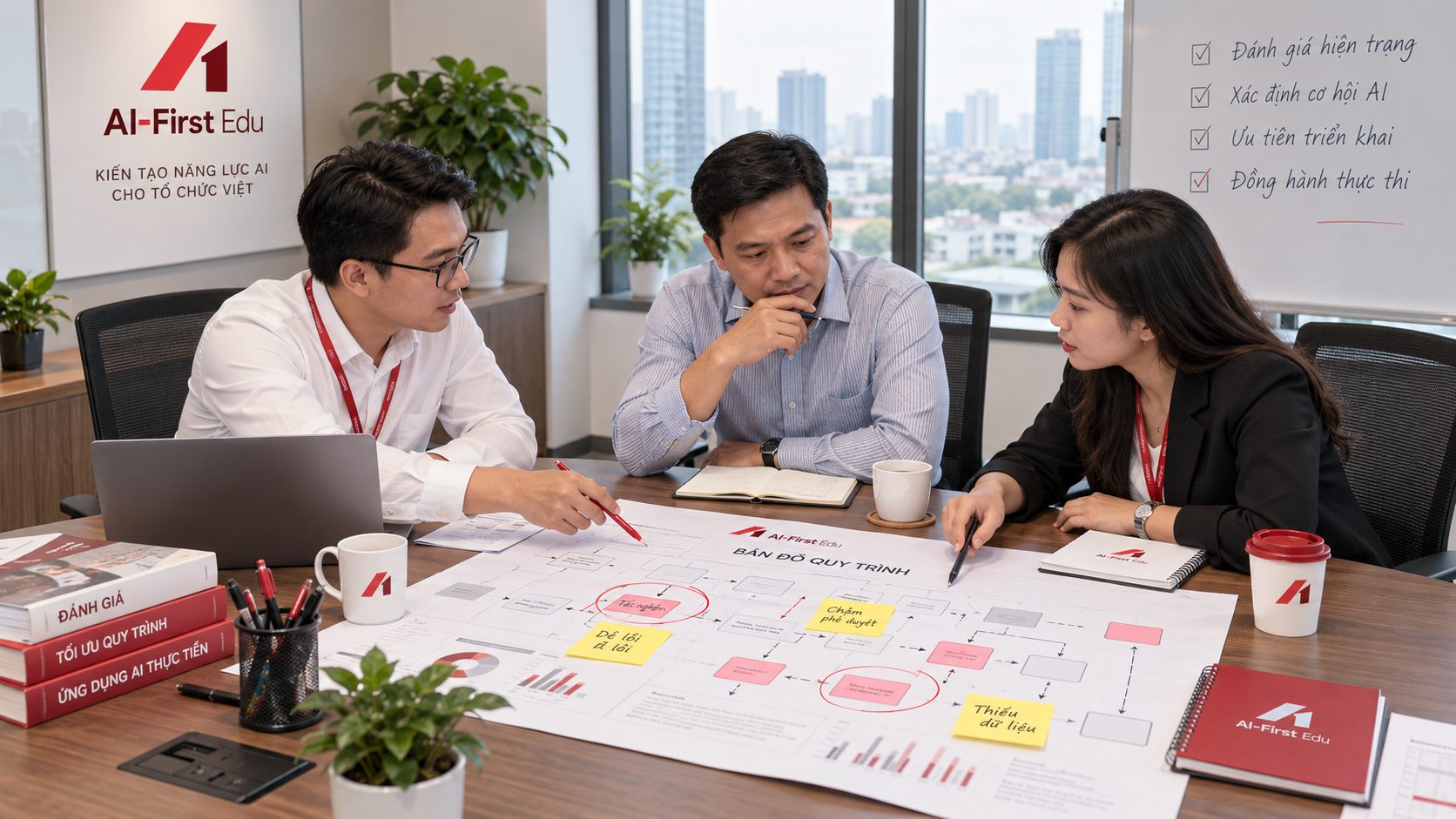 Nhóm làm việc rà soát sơ đồ quy trình in khổ lớn trải trên bàn họp