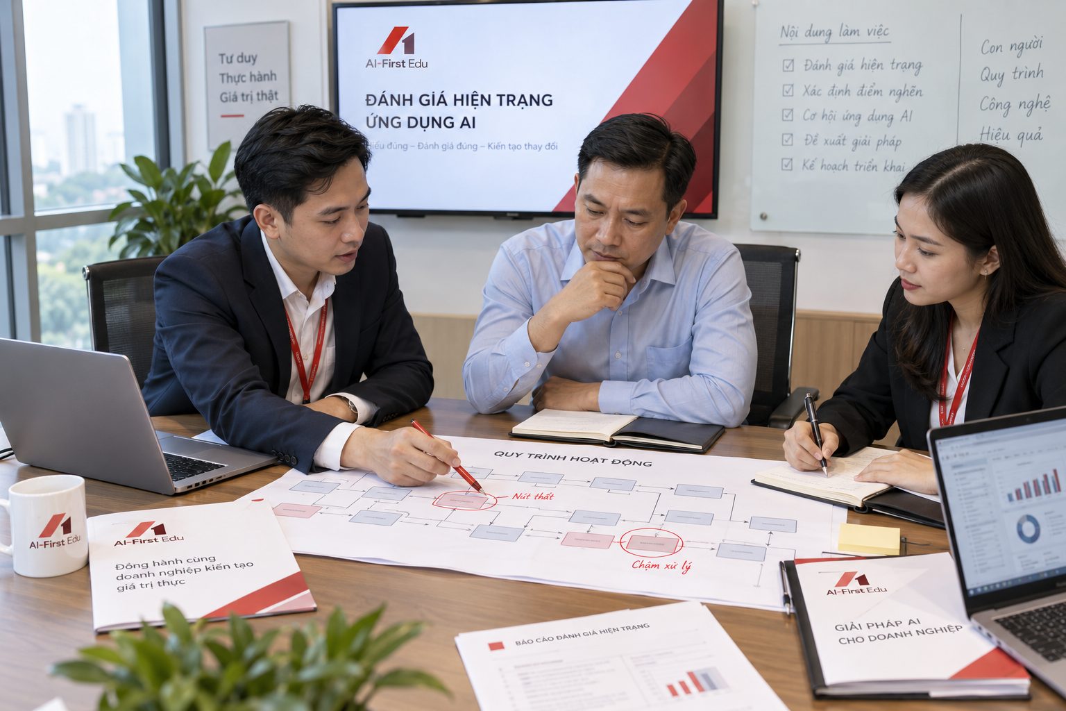 Buổi đánh giá hiện trạng ứng dụng AI với sơ đồ quy trình in trên bàn