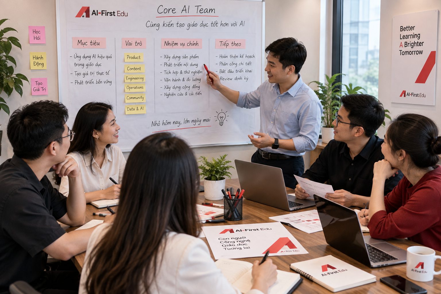Nhóm nòng cốt phân vai và nhiệm vụ trên bảng giấy dán ghi chú màu