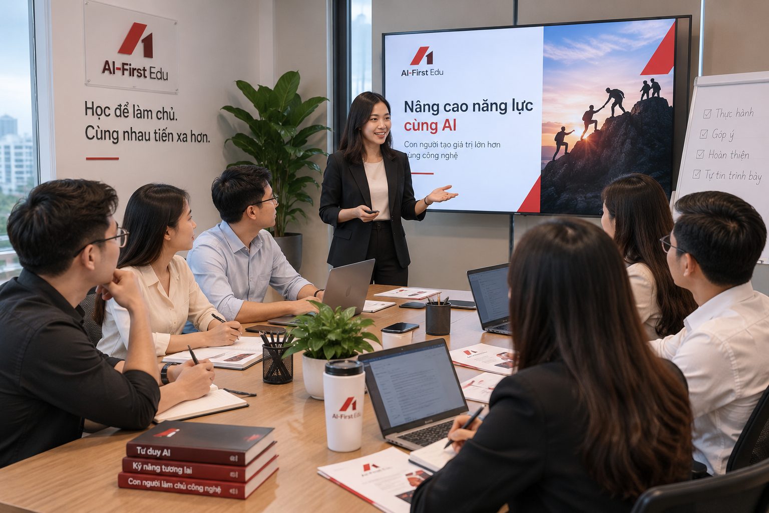 Giảng viên nữ trình bày nội dung nâng cao năng lực cho lớp học