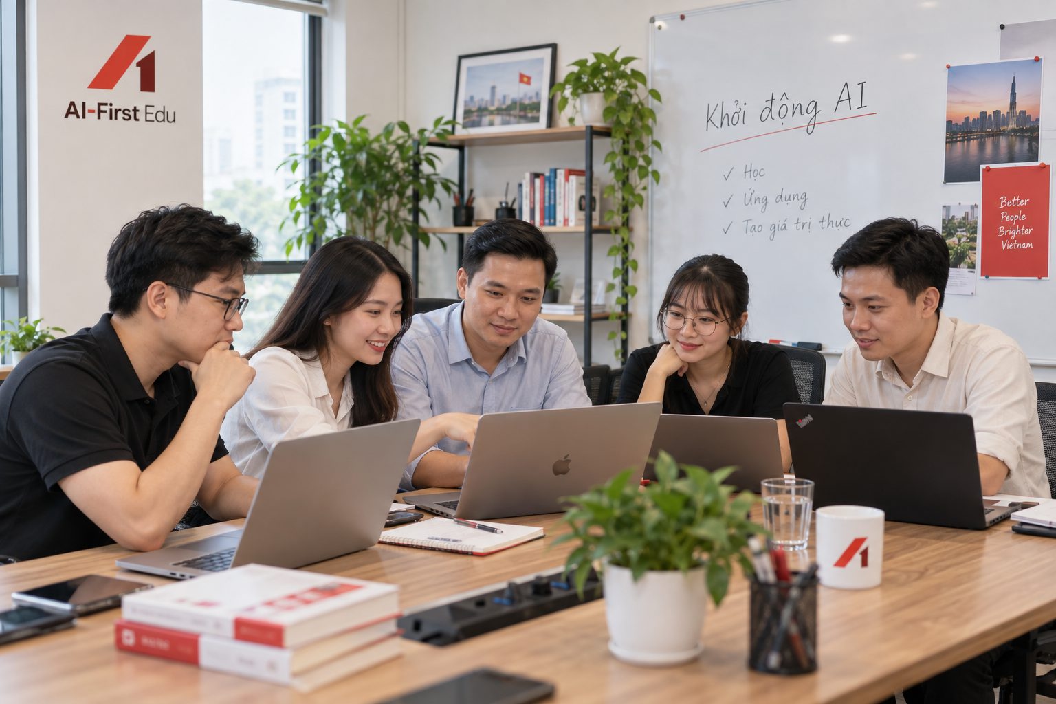 Nhóm học viên ngồi quanh bàn trước bảng trắng ghi nội dung khởi động AI