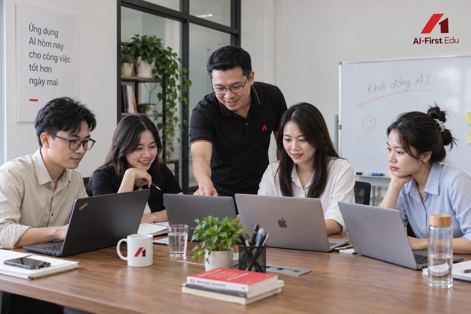 Giảng viên hướng dẫn nhóm học viên thực hành trên máy tính xách tay