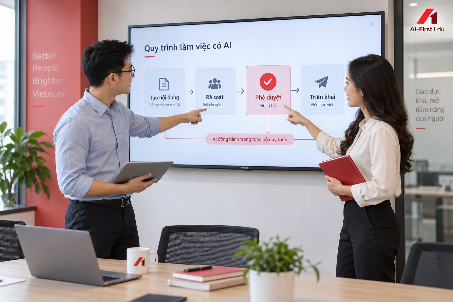 Hai người trình bày sơ đồ quy trình làm việc có AI gồm các bước tạo, rà soát, phê duyệt và triển khai