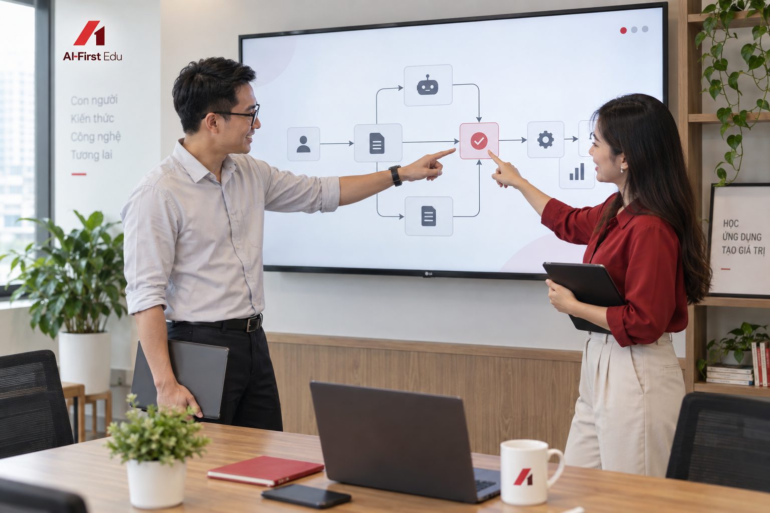 Hai đồng nghiệp cùng chỉ vào sơ đồ luồng tự động hiển thị trên màn hình lớn