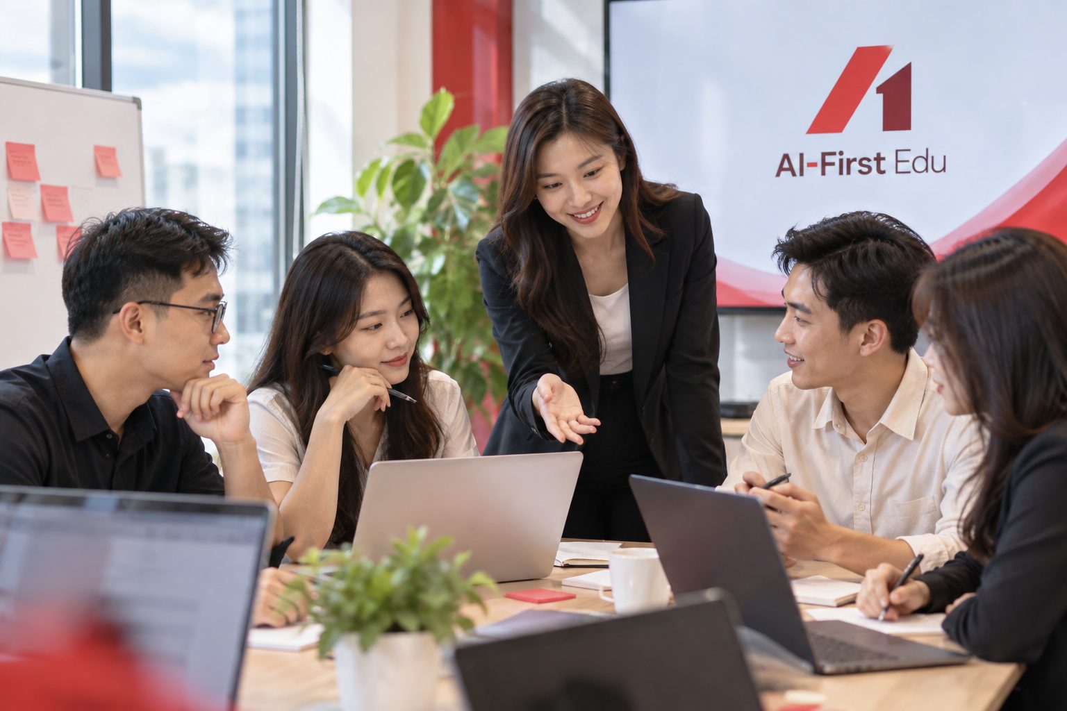 Người hướng dẫn đi quanh bàn trong lúc đội ngũ trả lời bộ câu hỏi đánh giá