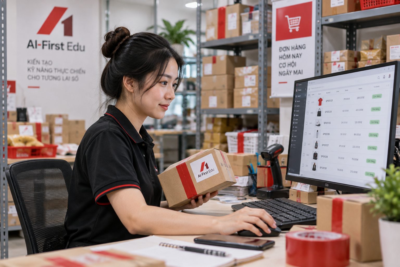 Nhân viên thương mại điện tử xử lý đơn hàng bên màn hình quản lý kho