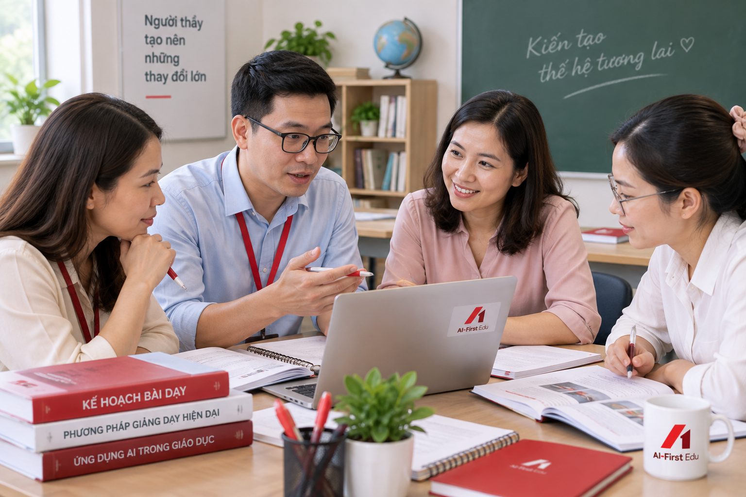 Nhóm giáo viên cùng soạn kế hoạch bài dạy bên máy tính xách tay