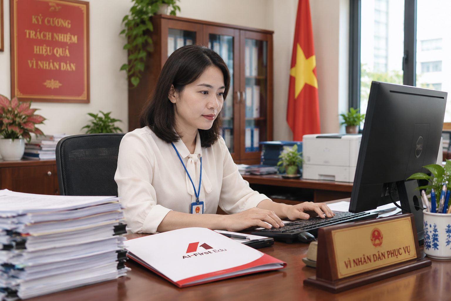 Cán bộ tại bộ phận một cửa xử lý hồ sơ trên máy tính