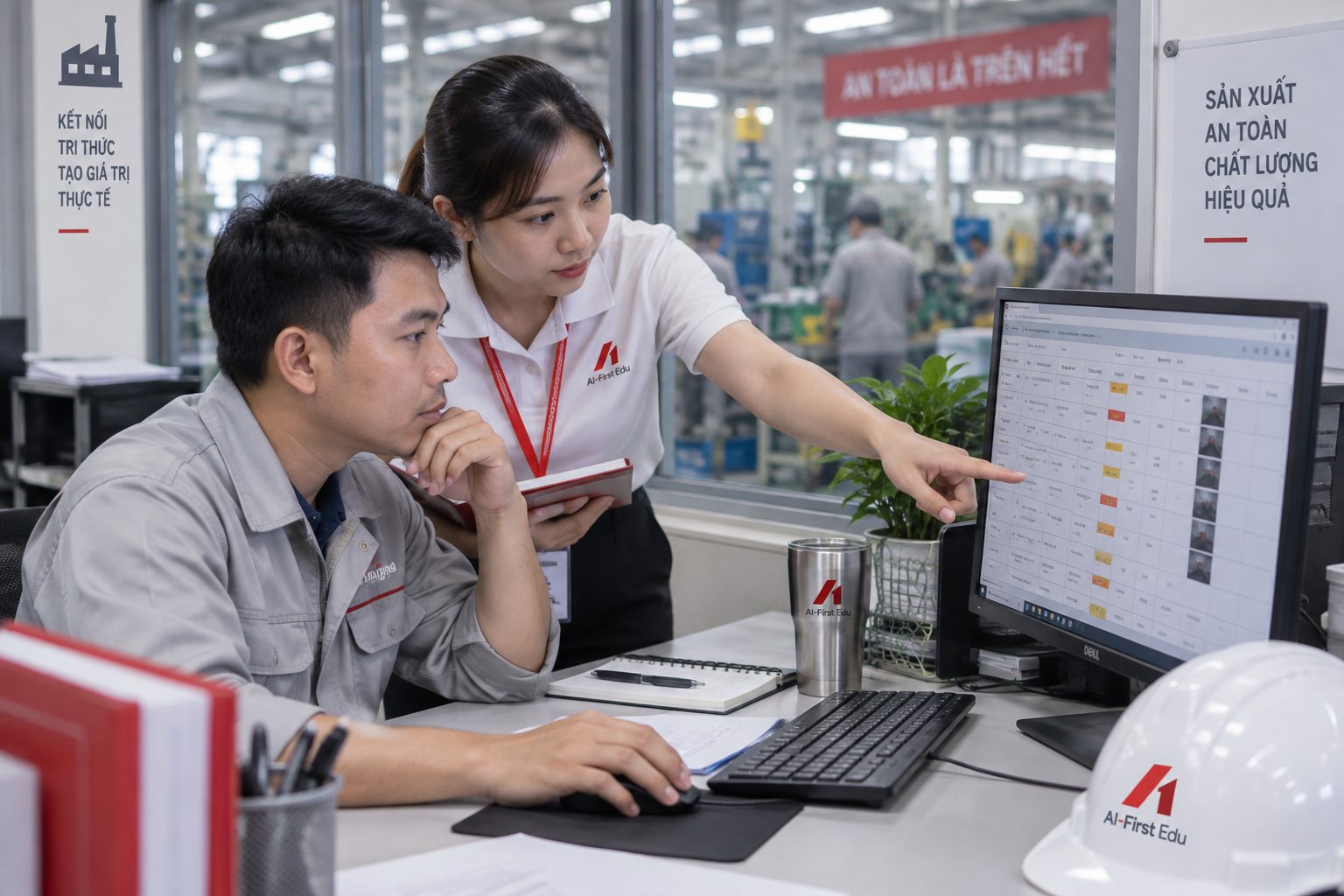 Kỹ sư và quản lý xem số liệu sản xuất trên màn hình đặt tại xưởng
