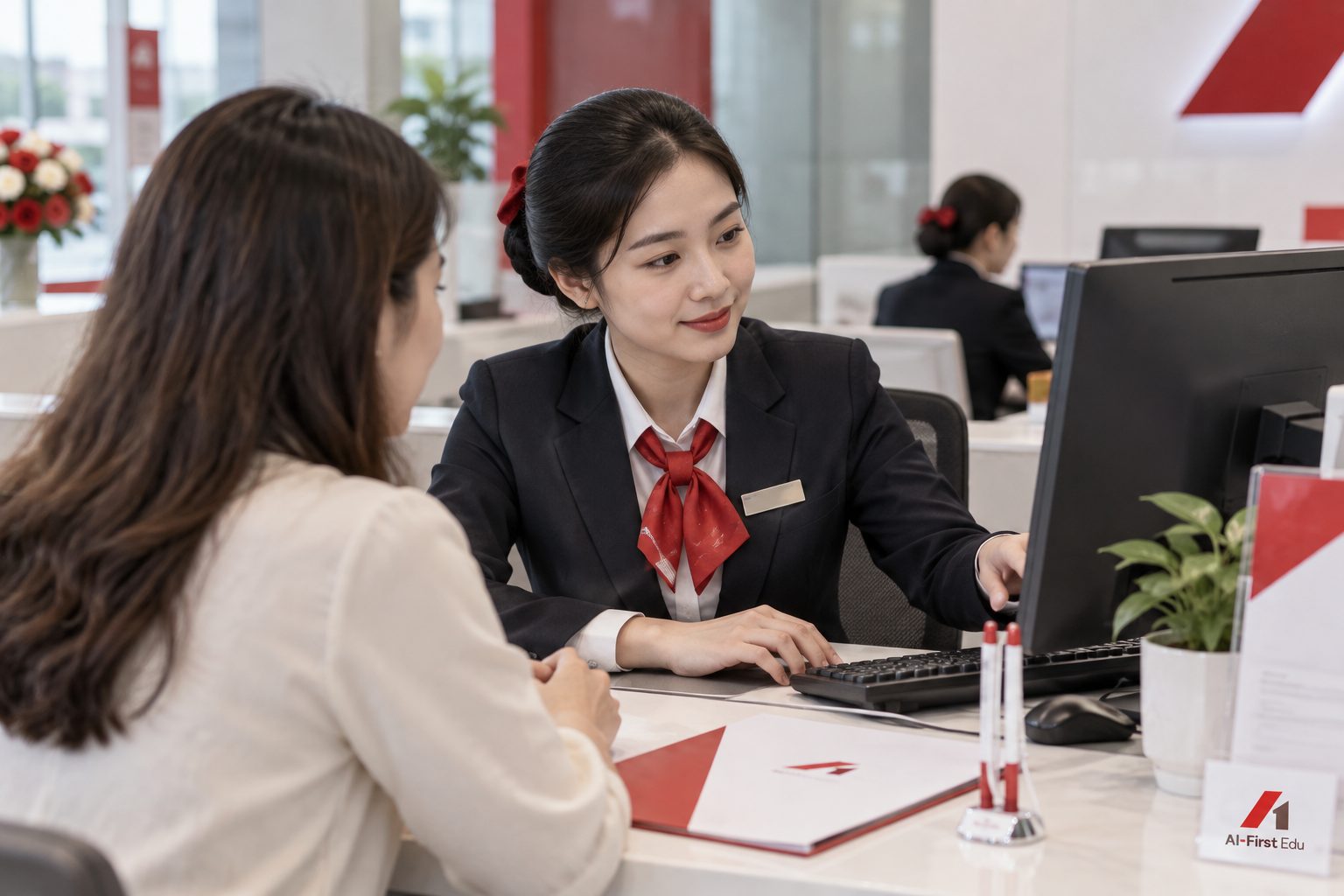 Giao dịch viên ngân hàng hướng dẫn khách hàng thao tác trên máy tính