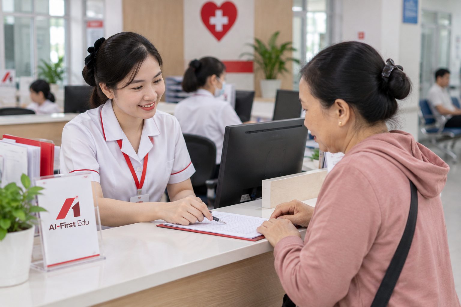 Nhân viên y tế hướng dẫn người bệnh làm thủ tục tại quầy tiếp nhận
