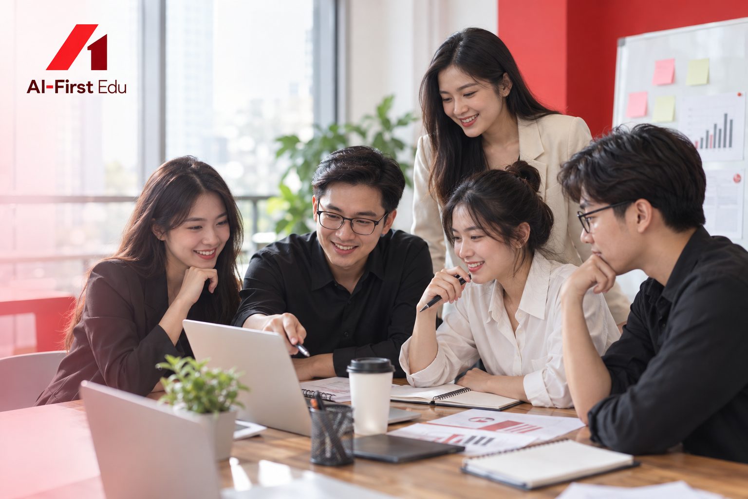 Nhóm làm việc cùng xem một màn hình máy tính xách tay
