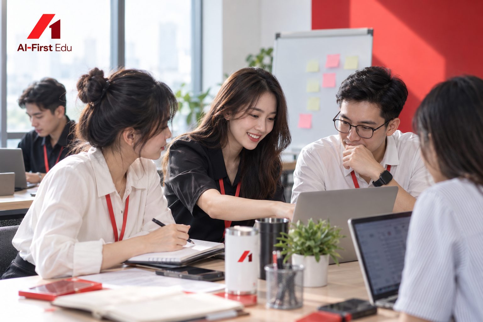 Nhóm đồng nghiệp trao đổi bên máy tính trong văn phòng