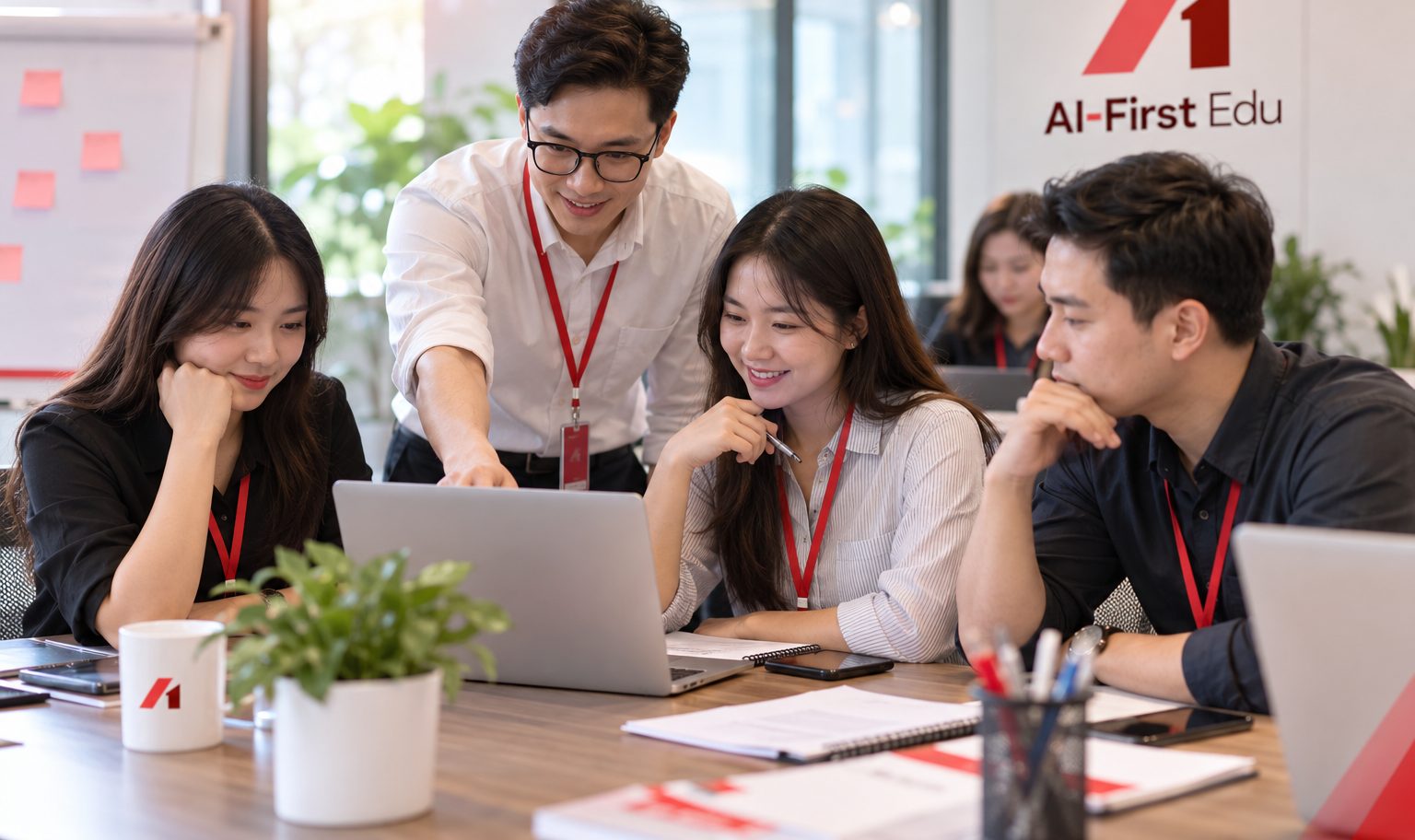 Nhóm đồng nghiệp trao đổi công việc bên máy tính