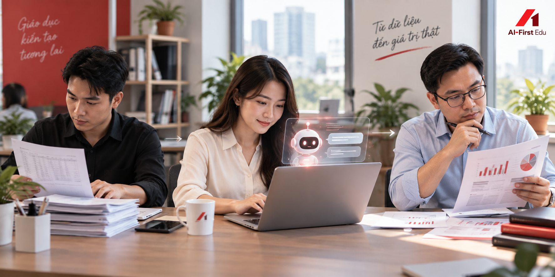 Nhóm làm việc trao đổi bên máy tính có trợ lý AI đang hỗ trợ xử lý tài liệu