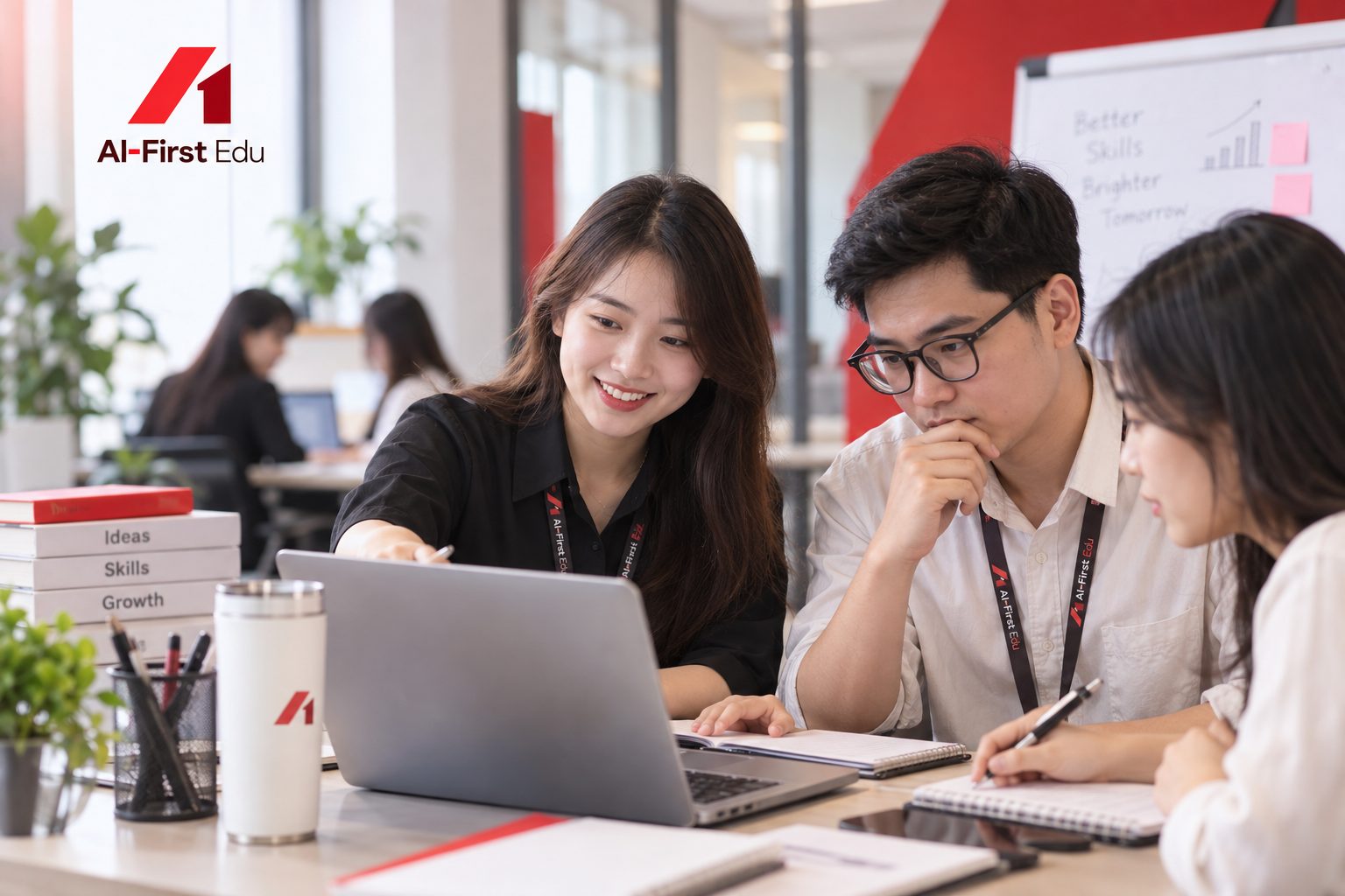 Hai đồng nghiệp trao đổi bên máy tính trước khi chọn chương trình