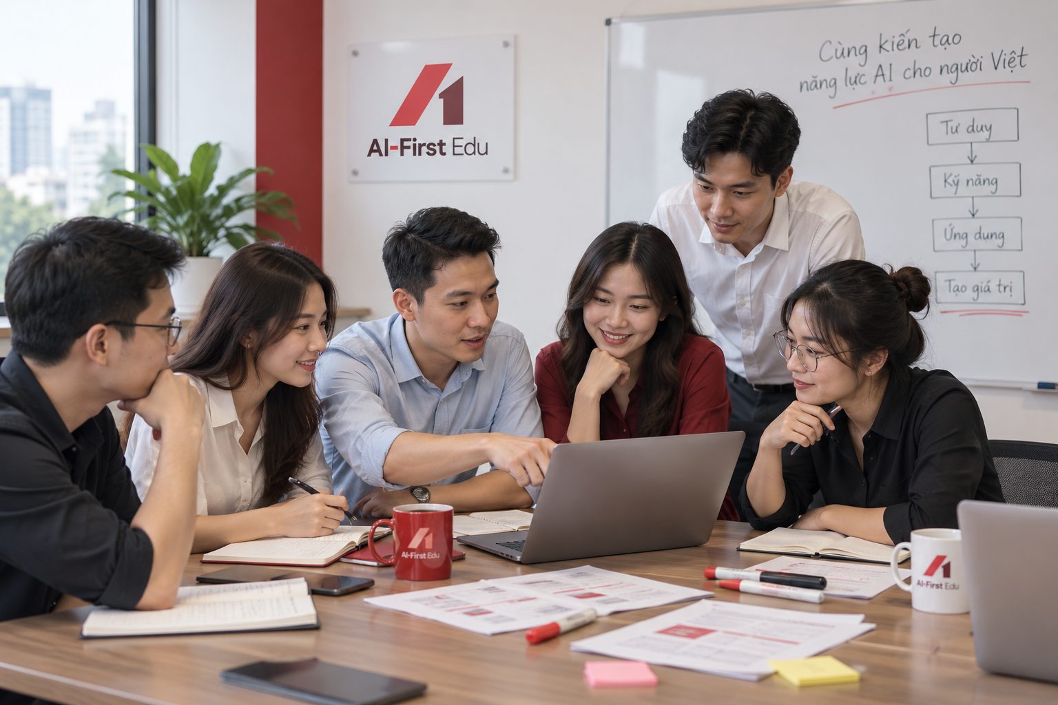 Nhóm học viên trao đổi quanh bàn dài trong lớp học của Học viện AI-First