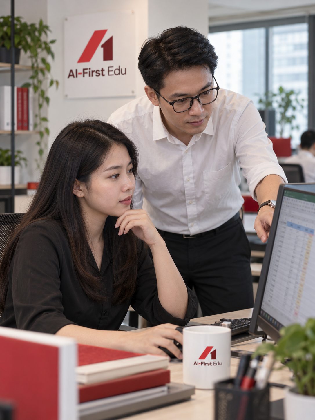 Giảng viên hướng dẫn riêng một học viên ngay tại bàn làm việc