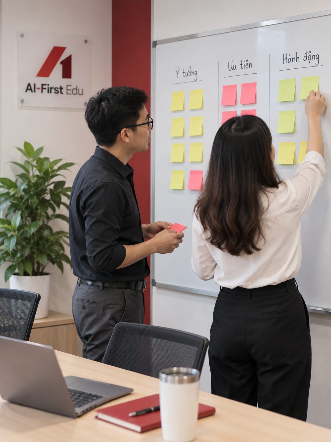 Hai người dán giấy ghi chú lên bảng chia ba cột ý tưởng, ưu tiên và hành động