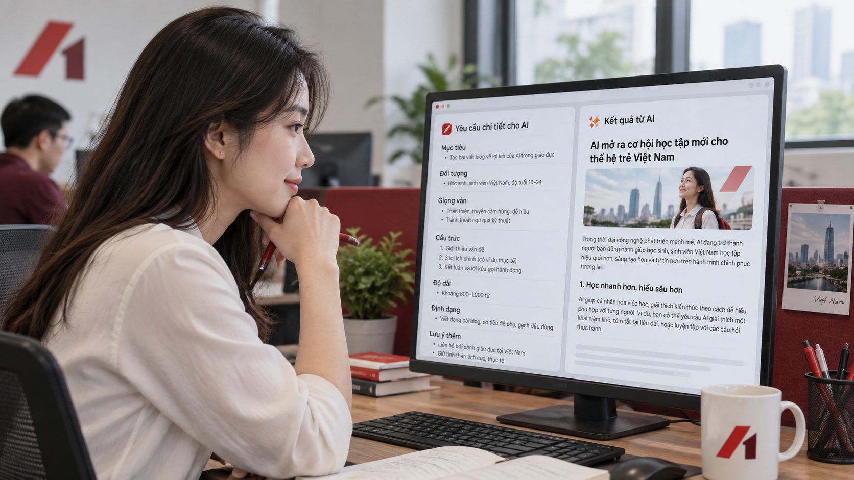 Màn hình hiển thị một bản yêu cầu chi tiết cho AI đặt cạnh kết quả nhận được