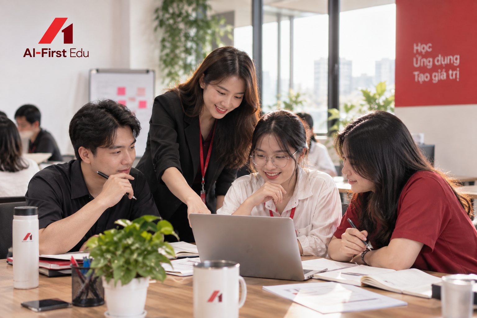 Nhóm học viên thực hành bên bảng ghi học, ứng dụng và tạo giá trị
