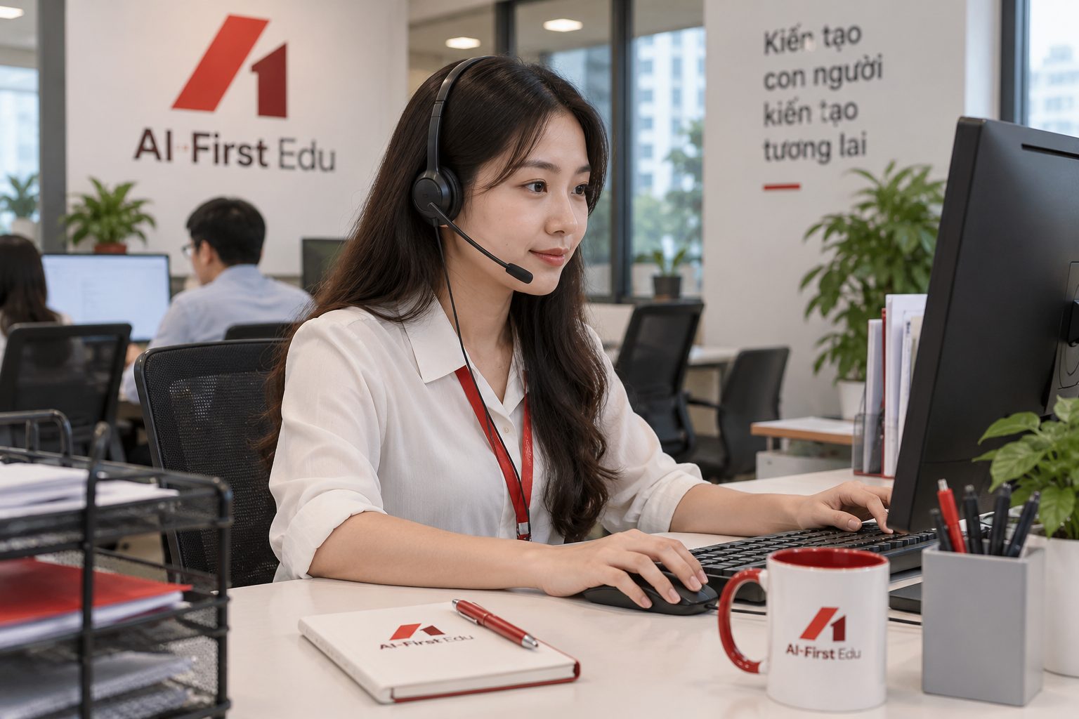 Nhân viên tiếp nhận đeo tai nghe trả lời yêu cầu tư vấn tại bàn làm việc
