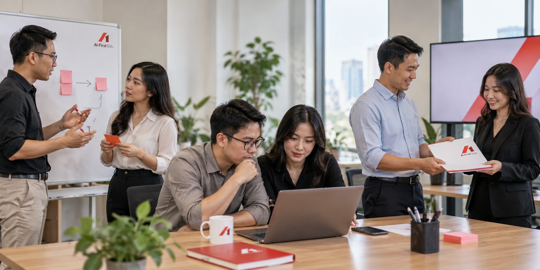 Giảng viên và học viên làm việc quanh bảng giấy ghi chú trong buổi thực hành