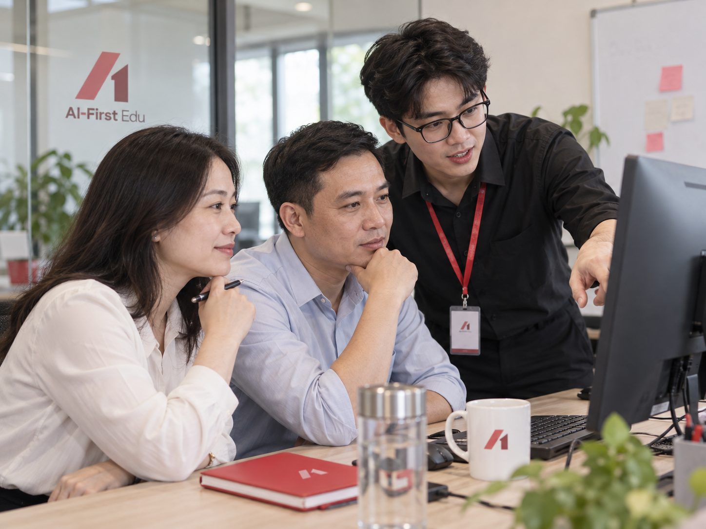 Ba thành viên nhóm hạt nhân cùng xem một màn hình và hướng dẫn lẫn nhau