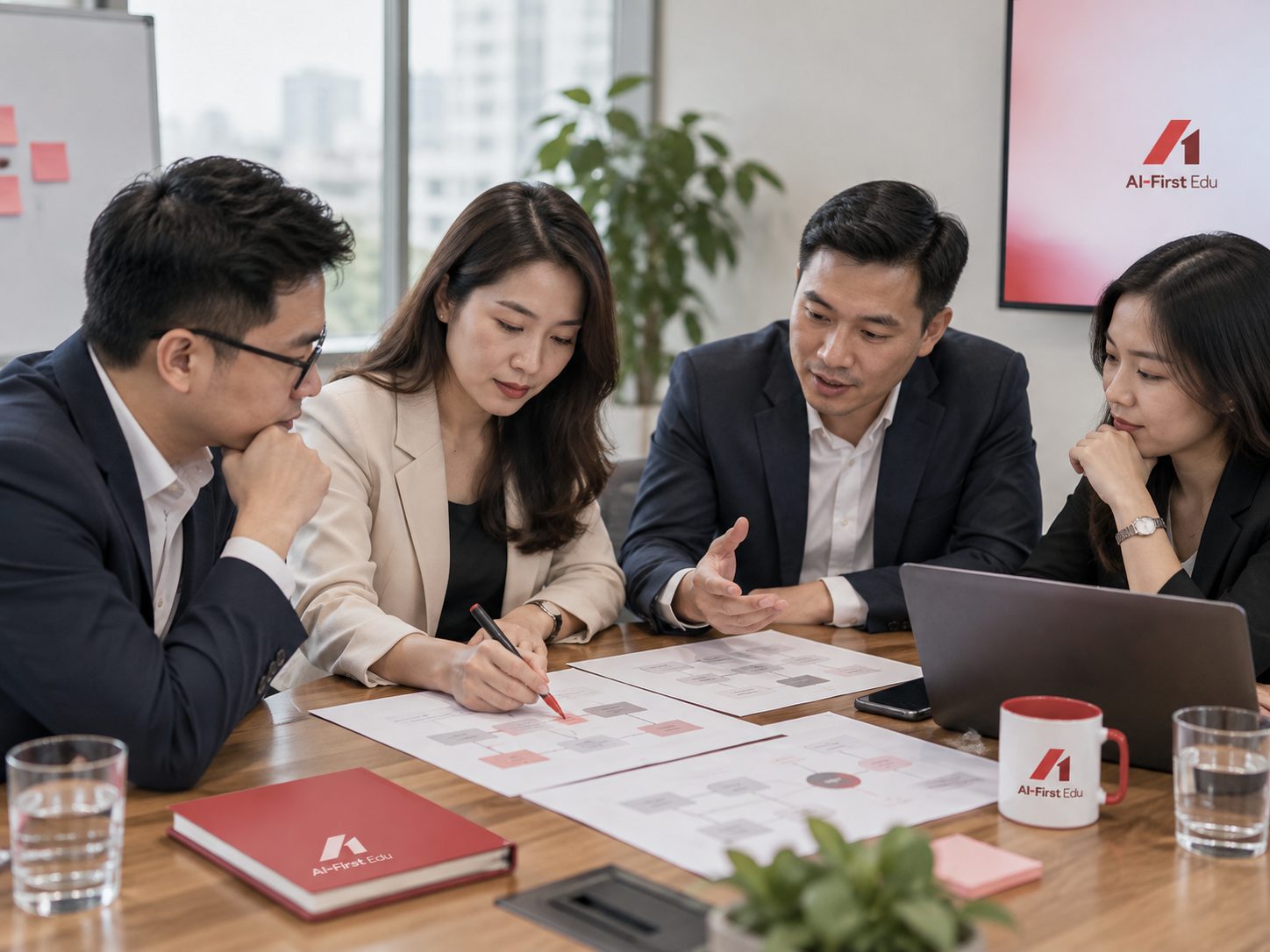 Nhóm lãnh đạo ngồi họp quanh bàn với tài liệu in và máy tính xách tay