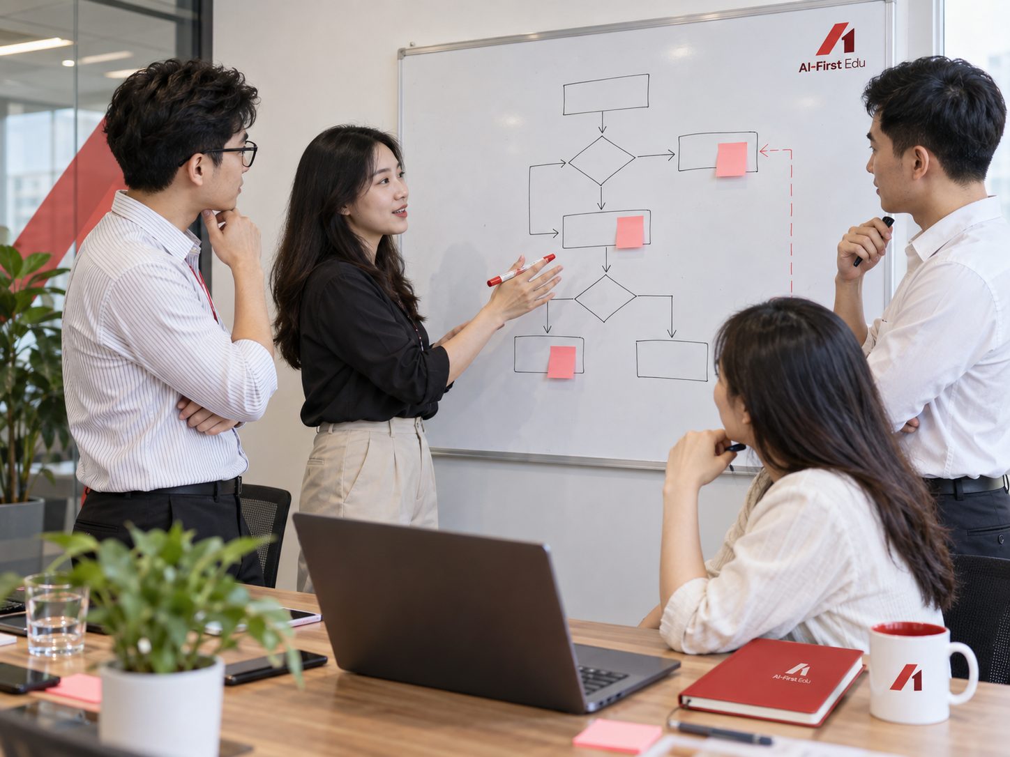 Nhóm phòng ban vẽ sơ đồ các bước công việc lên bảng trắng bằng giấy ghi chú
