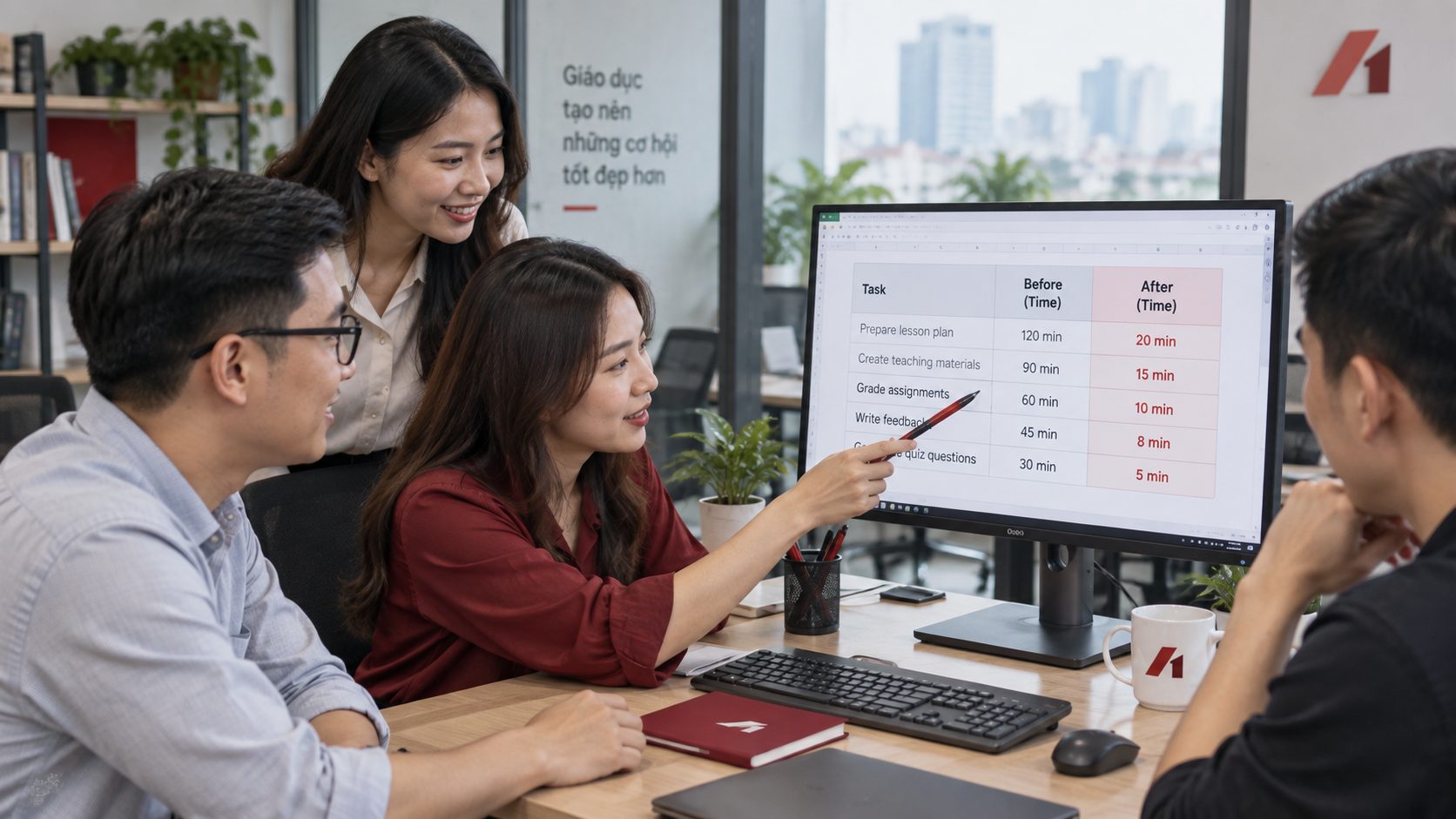 Hai người xem bảng so sánh thời gian làm việc trước và sau khi dùng AI trên màn hình