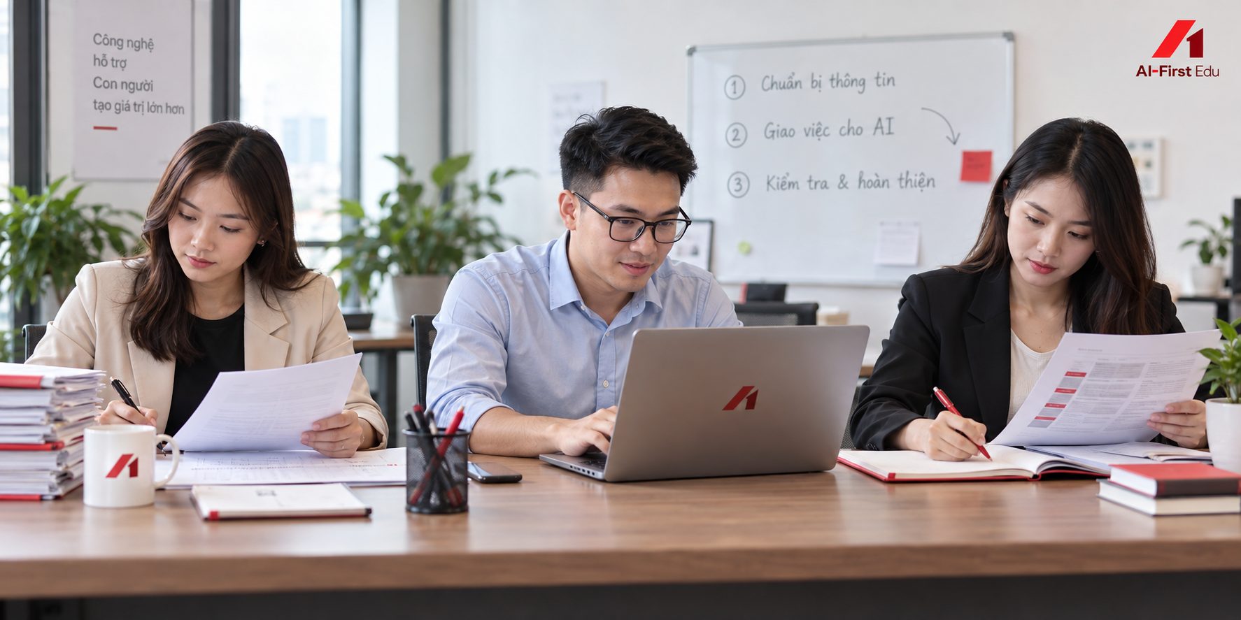 Ba đồng nghiệp cùng hoàn thiện hồ sơ giao việc bên tài liệu in và máy tính