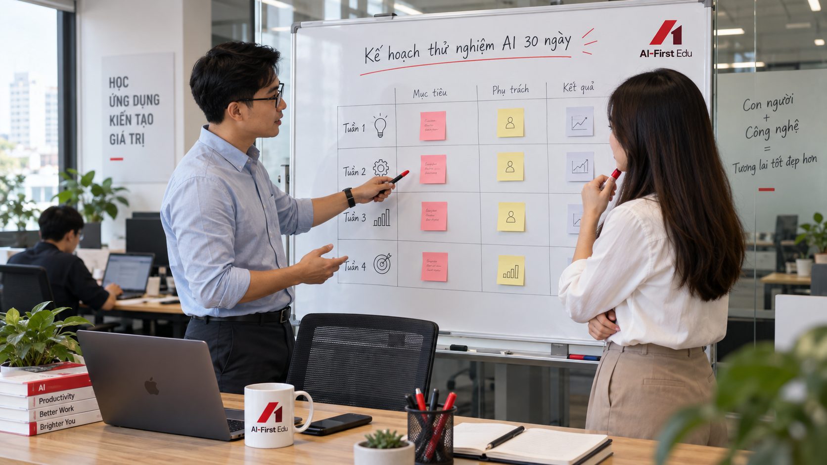 Hai người dựng kế hoạch thử nghiệm AI ba mươi ngày trên bảng trắng